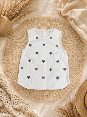 LOFT White Embellished Sleeveless Shell Top | rhinestone Blouse | Classic Chic